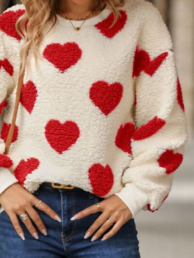 Fuzzy Heart Dropped Shoulder Sweatshirt