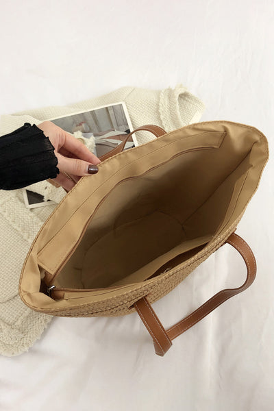 PU Leather Handle Straw Tote Bag