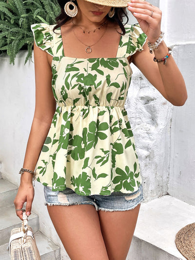 Tied Cutout Square Neck Butterfly Sleeve Babydoll Blouse