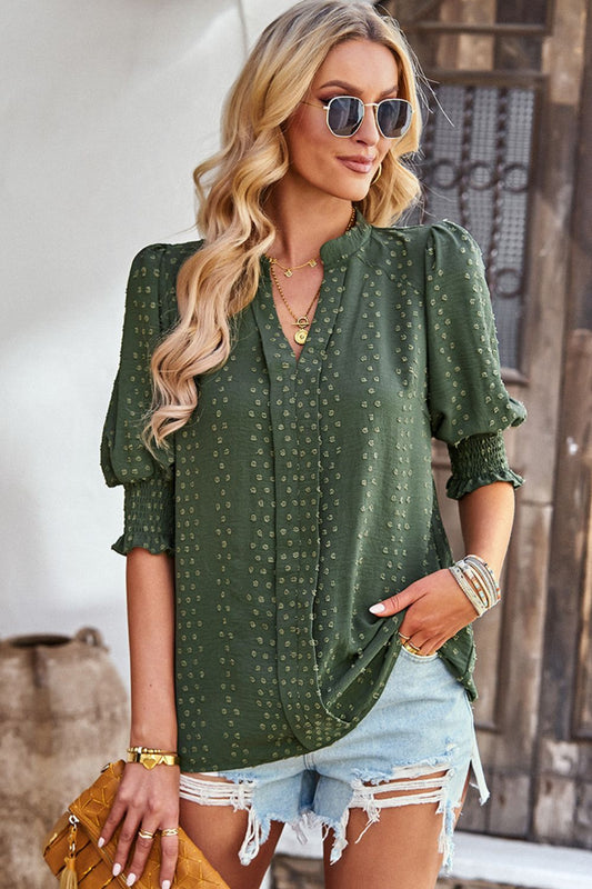 Textured Notched Neck Puff Sleeve Blouse