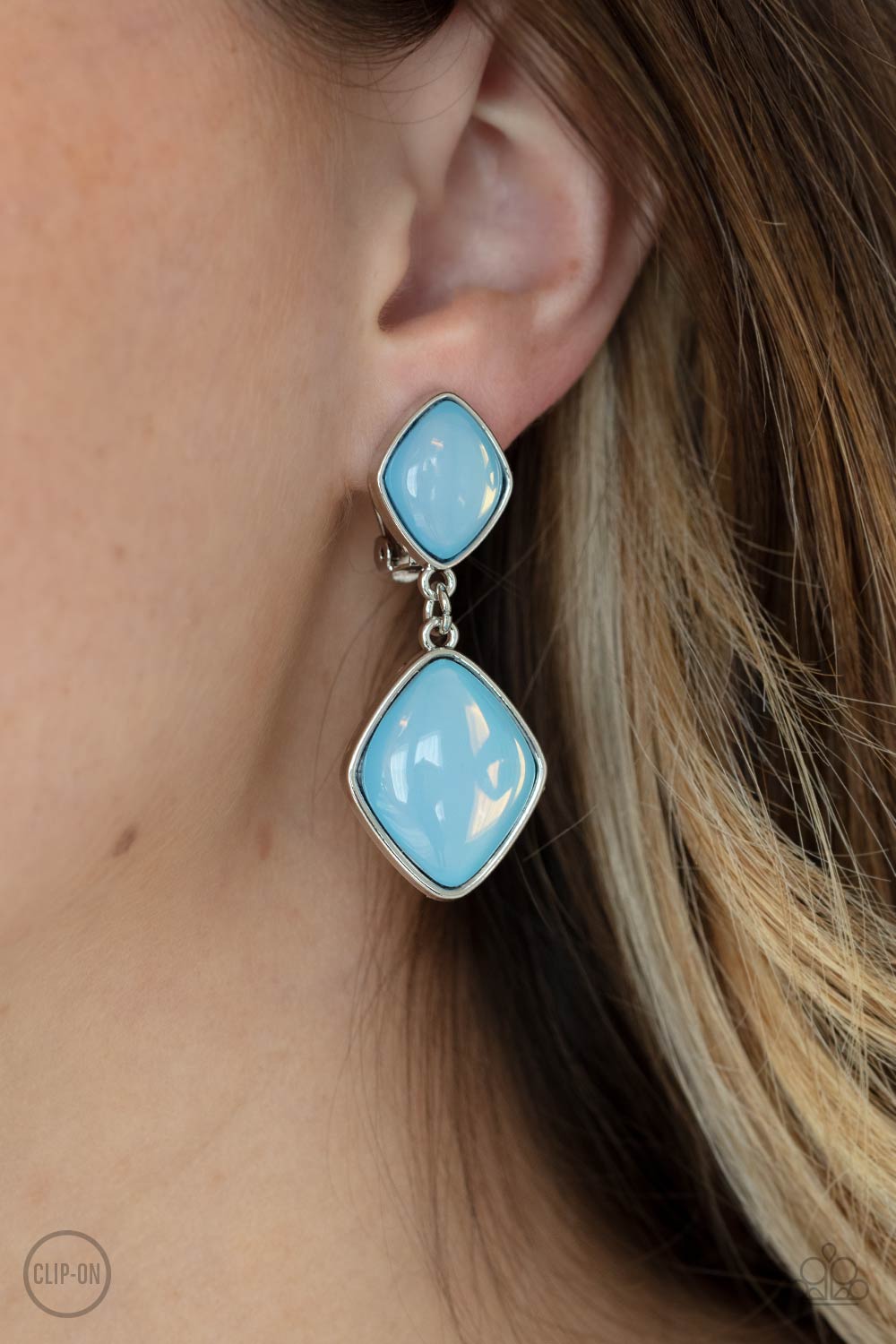 Double Dipping Diamonds Blue Clip-On Earrings