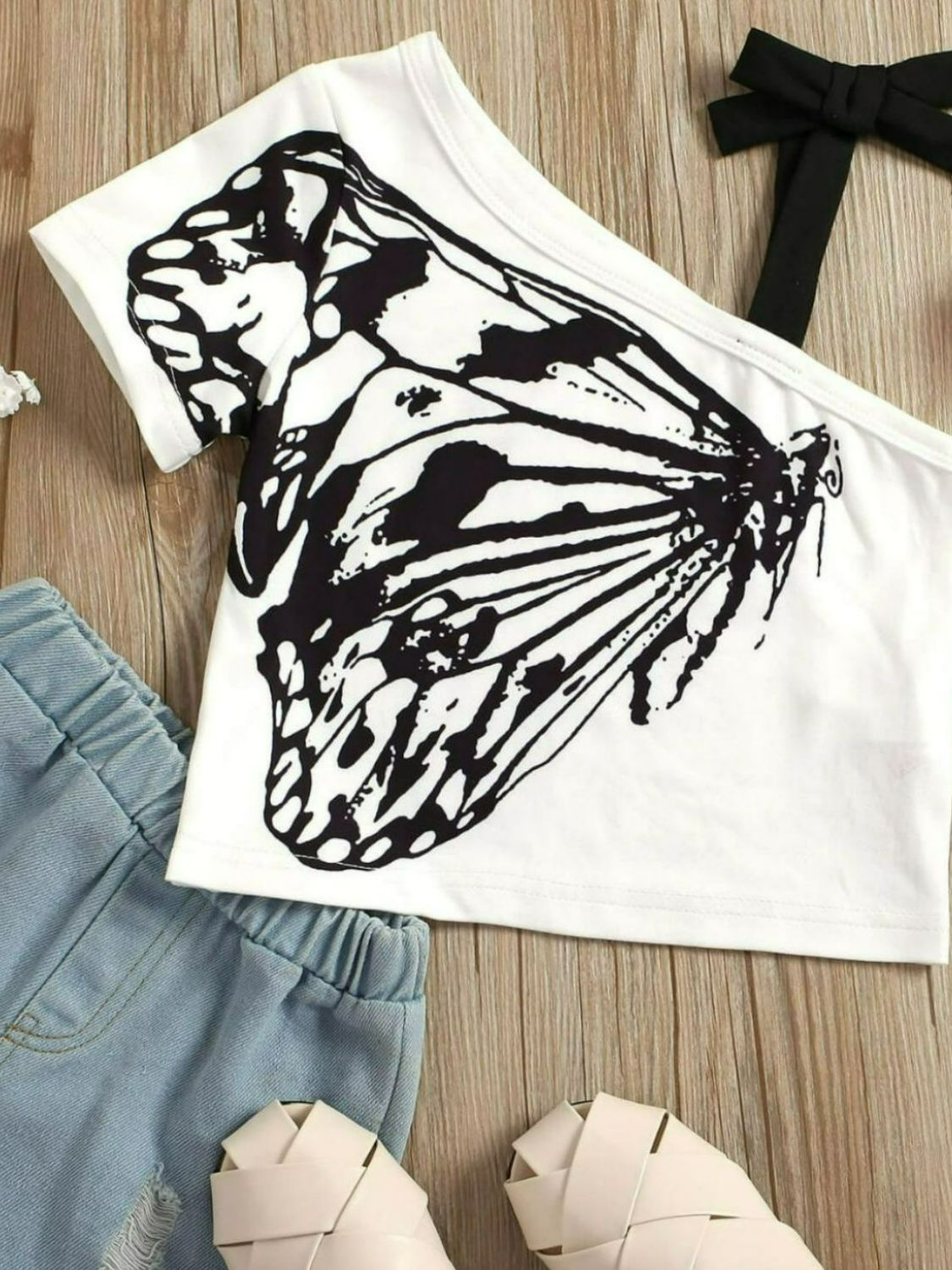 Girls Butterfly Graphic Asymmetrical Neck T-Shirt