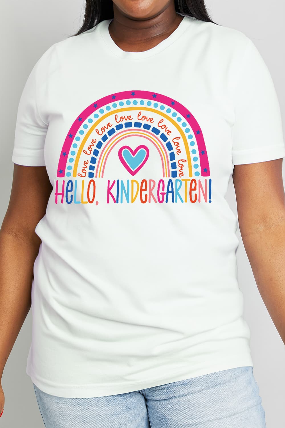Simply Love Full Size LOVE HELLO KINDERGARTEN Rainbow Graphic Cotton Tee