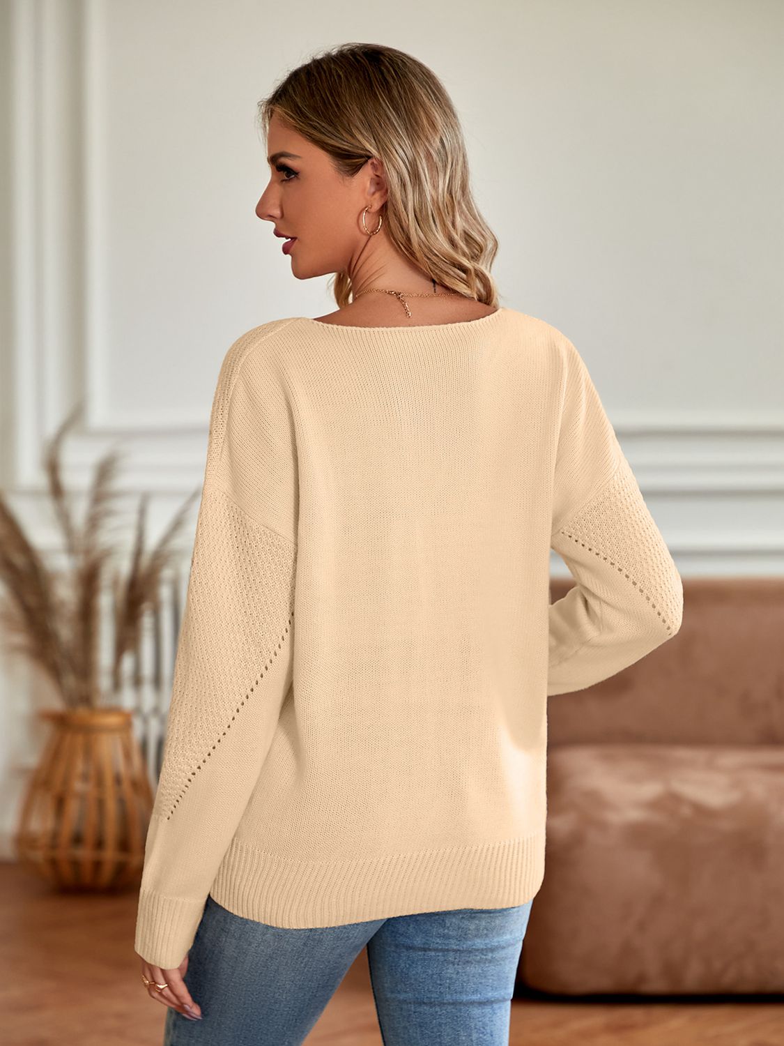 V-Neck Long Sleeve Ribbed Trim Sweater