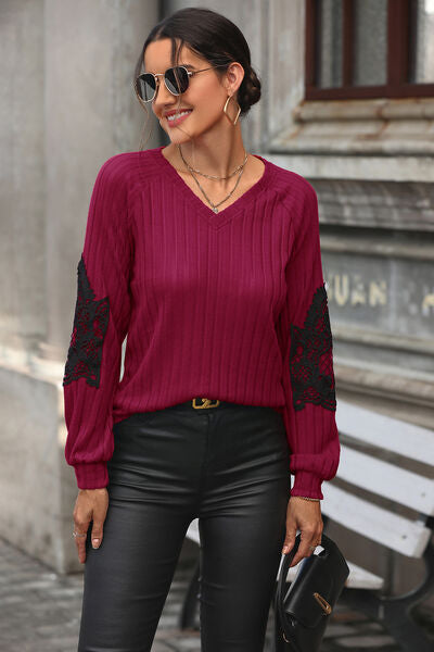Ribbed Lace Detail V-Neck Sweater