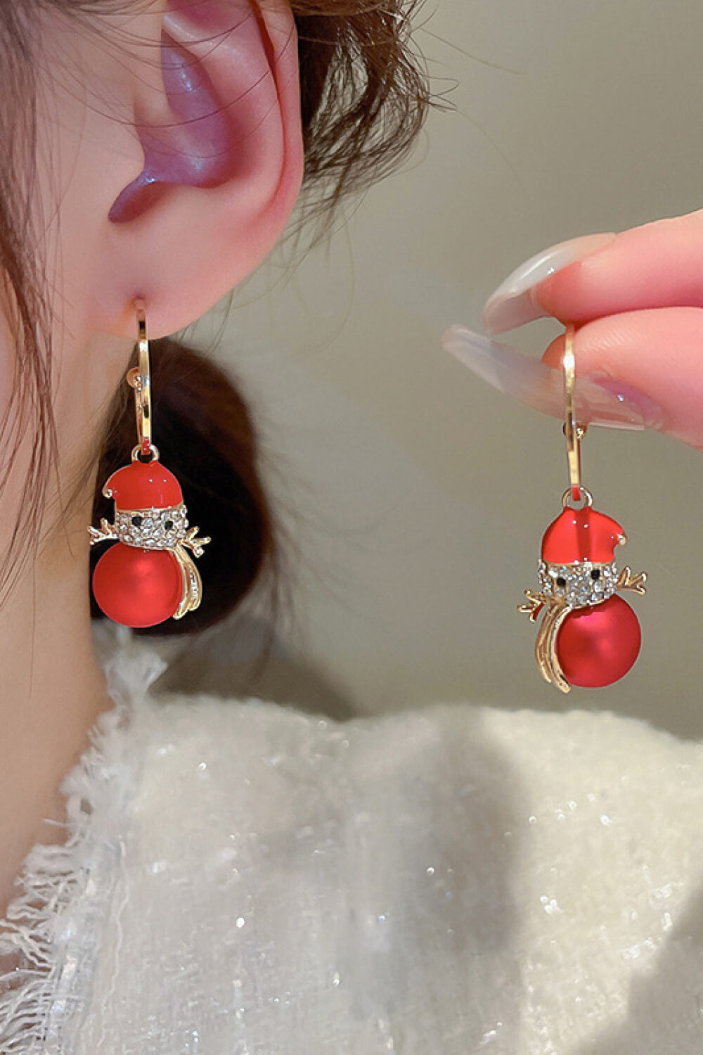 Christmas Rhinestone Pearl Snowman Drop Earrings