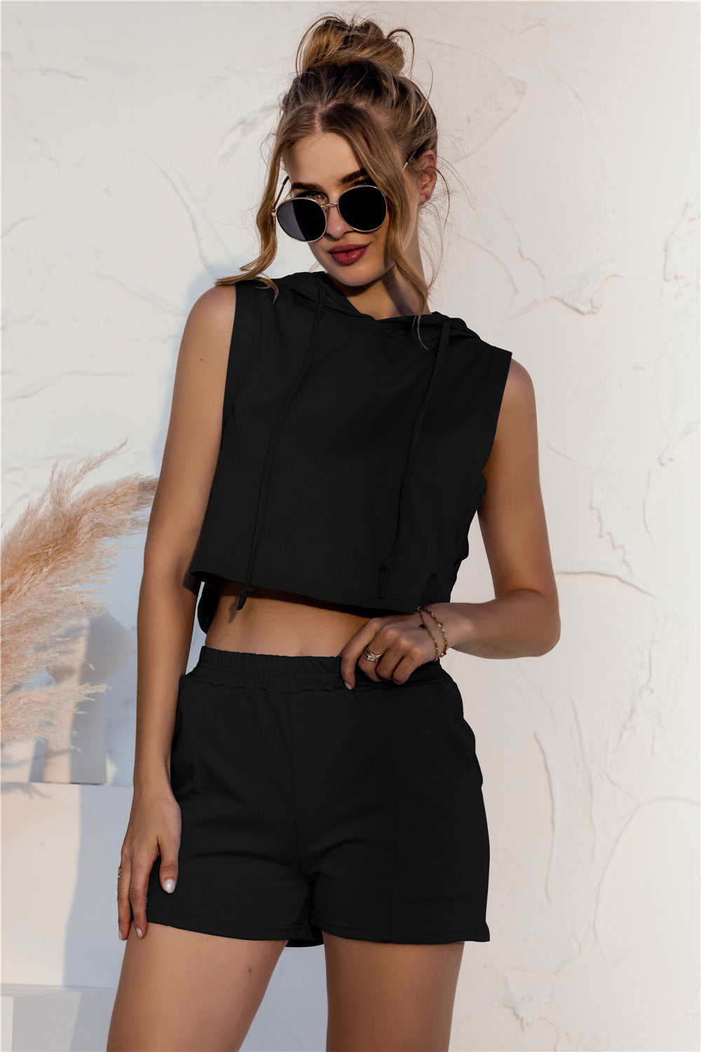 Hooded Crop Top & Pocketed Shorts Set
